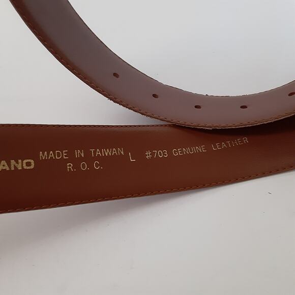 Vintage 80s Reptile Croco Belt Carmel Genuine Leather Gold Coin Buckle Sz L - Picture 7 of 11